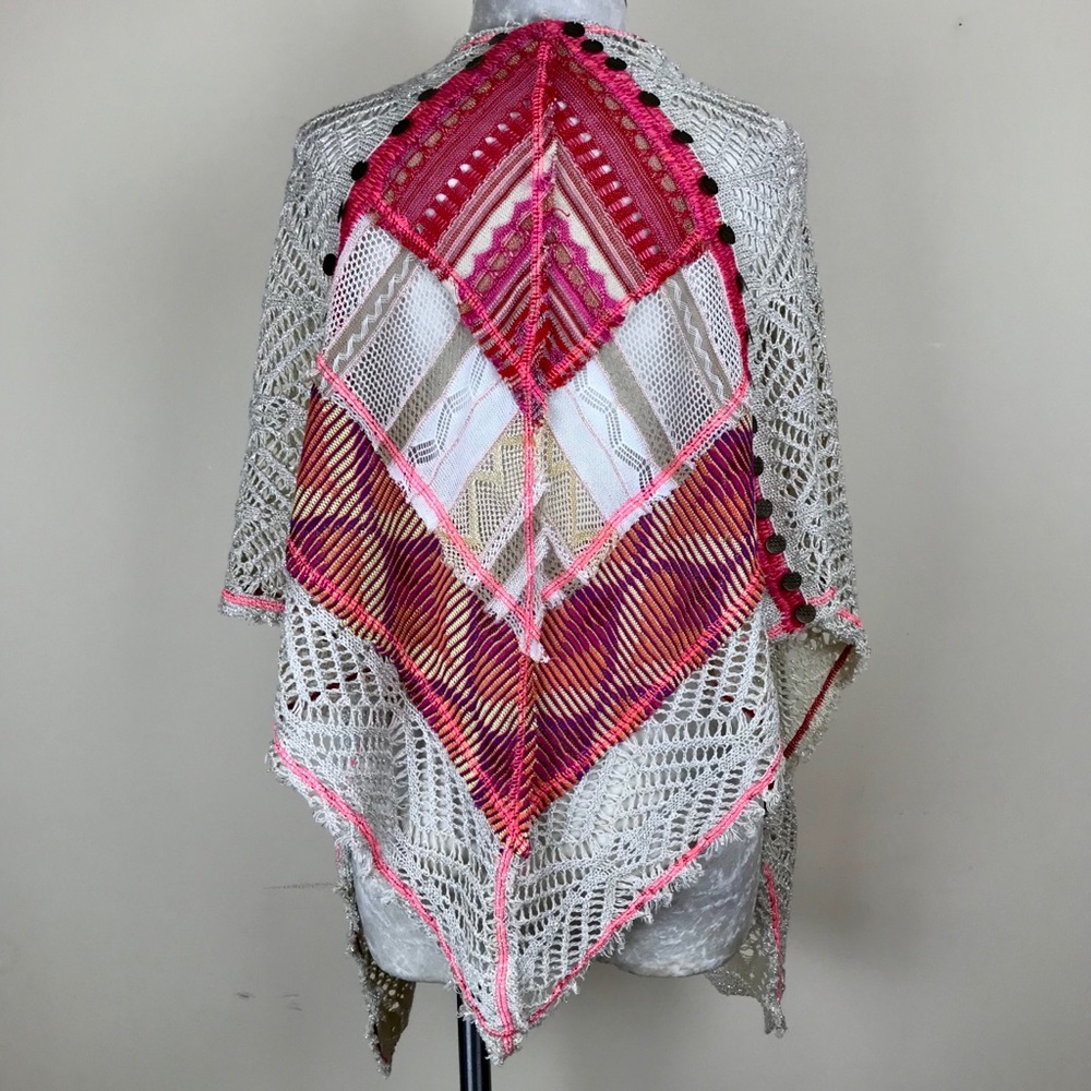 Beige & Pink Crocheted Textured Shawl / Wrap